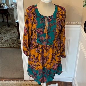 Anthropologie Teal and Mustard Silk Floral Long Sleeve Dress